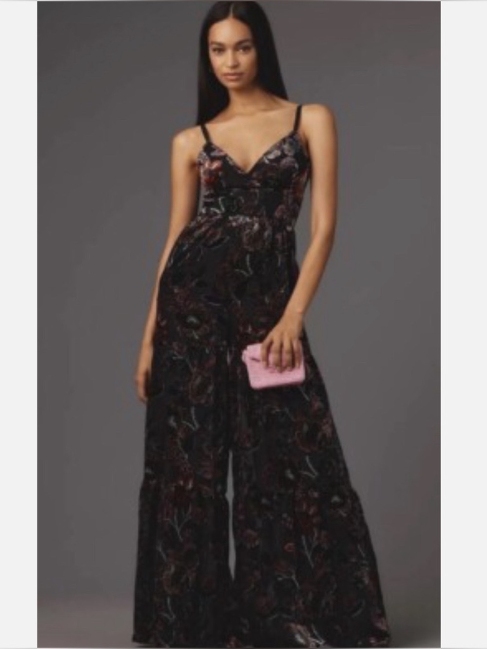 Anthropologie Hutch Wide-Leg Floral Velvet Burnout Jumpsuit in Black ‎ festival